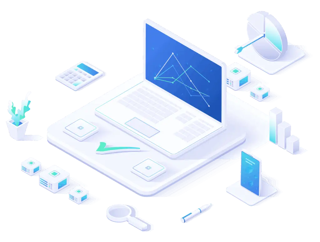 isometric illustration of a laptop displaying blockchain analytics dashboard with charts and graphs