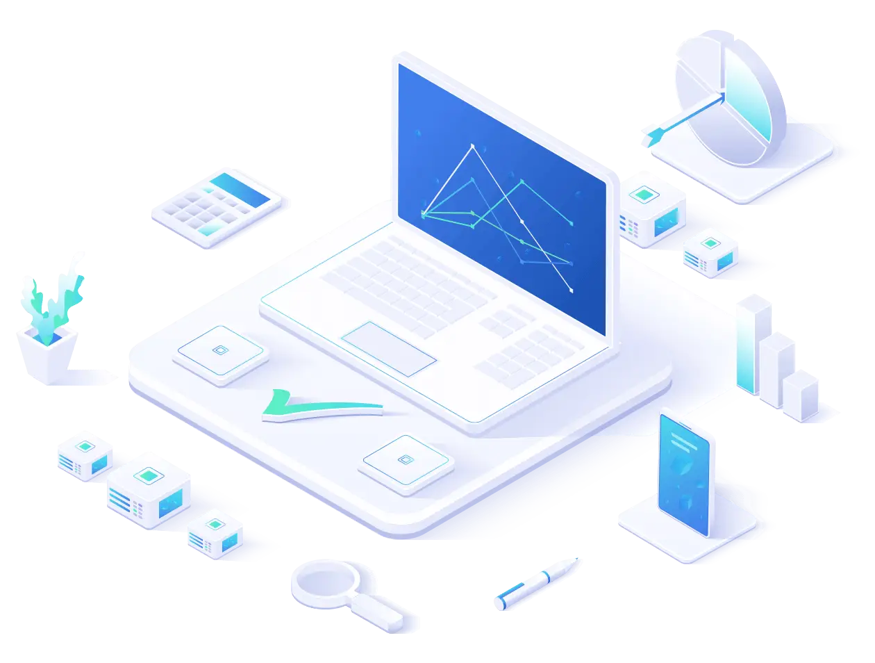 isometric illustration of a laptop displaying blockchain analytics dashboard with charts and graphs