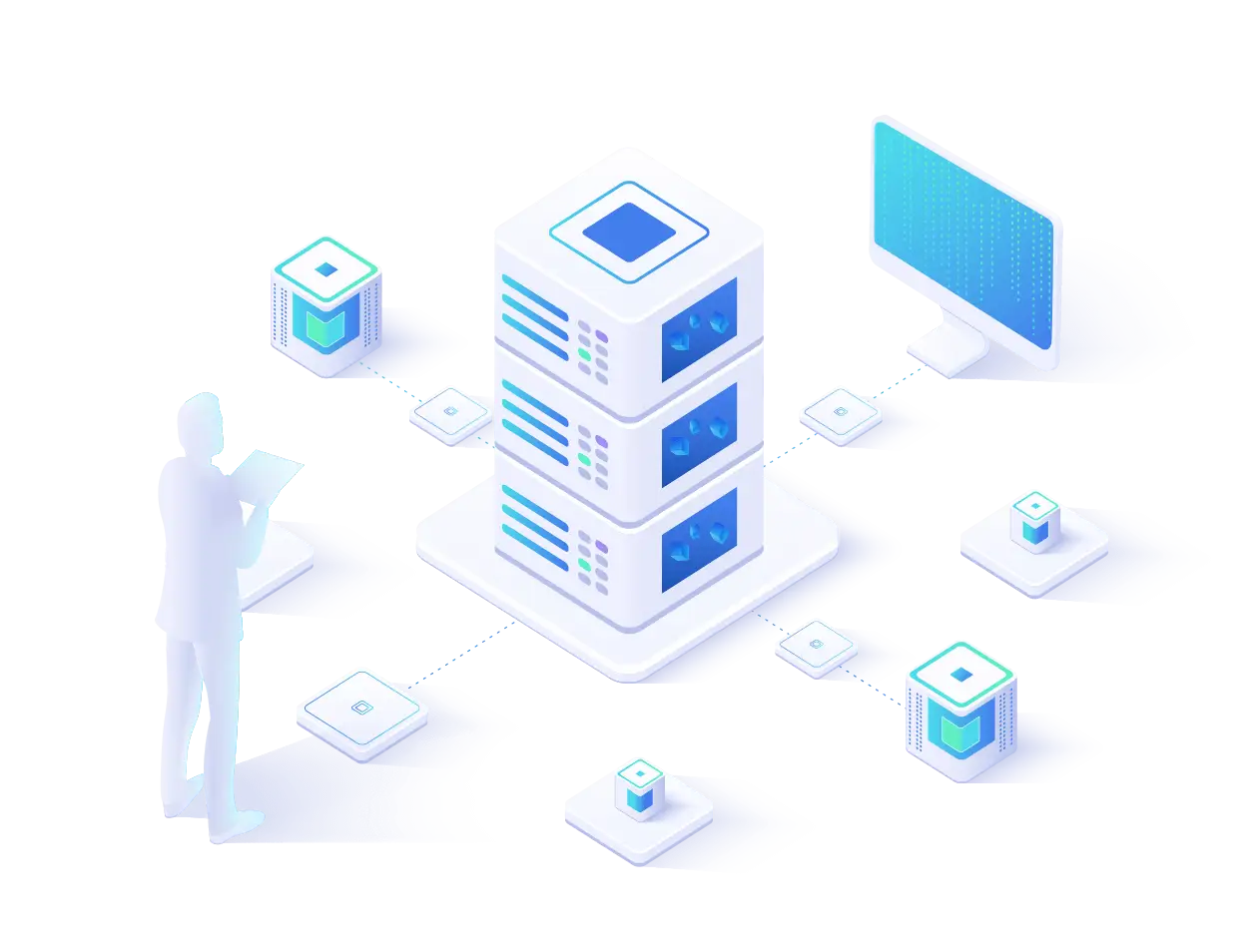 isometric illustration of person with tablet standing next to server racks and connected blockchain nodes