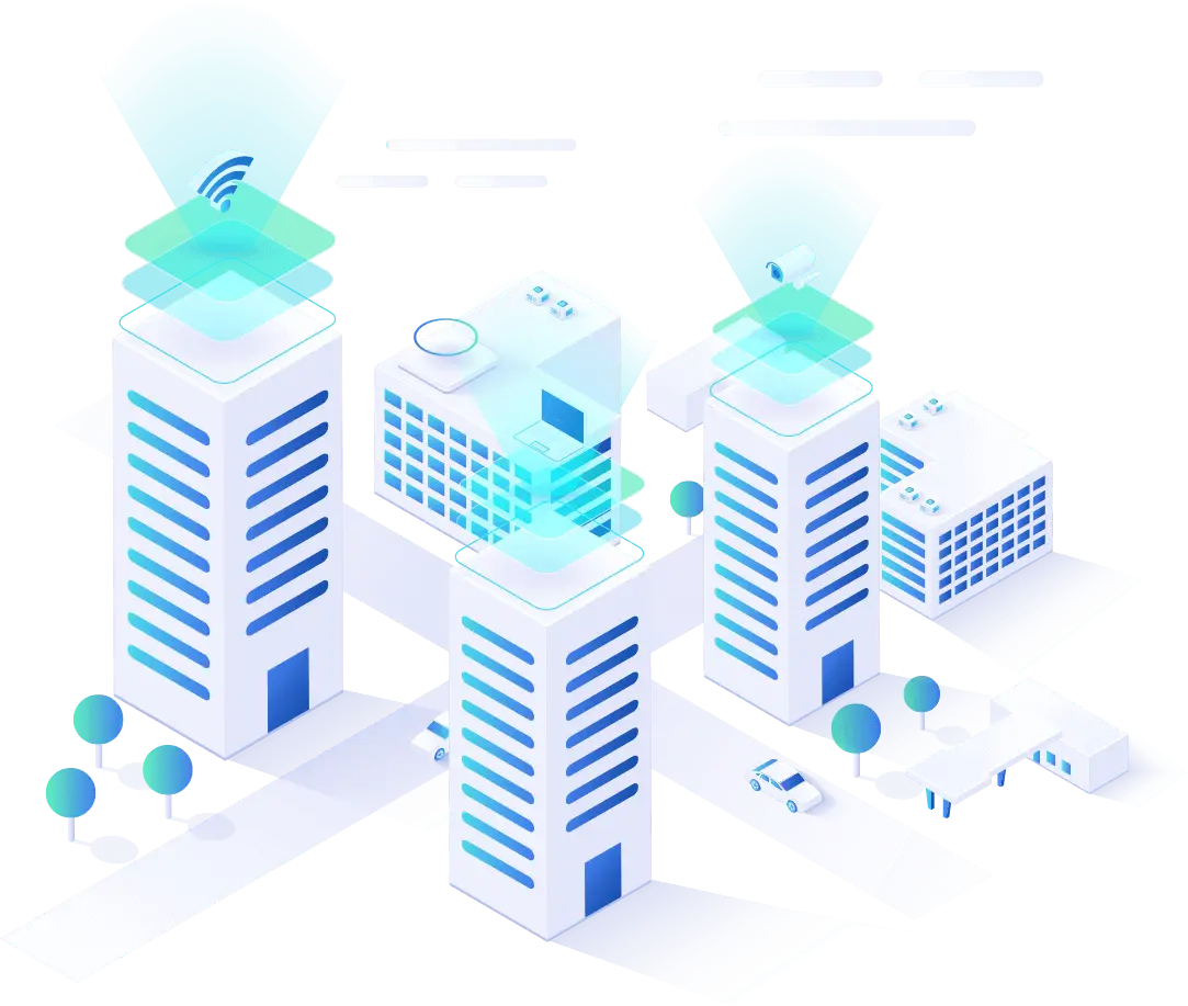 isometric illustration of connected high-rise buildings symbolizing blockchain infrastructure and validator services