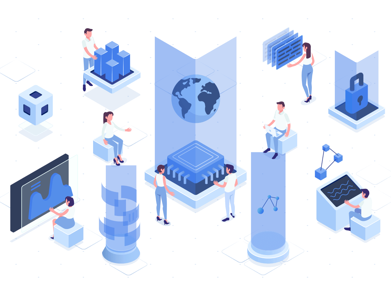 isometric illustration of people interacting with holographic data, blockchain nodes and governance systems
