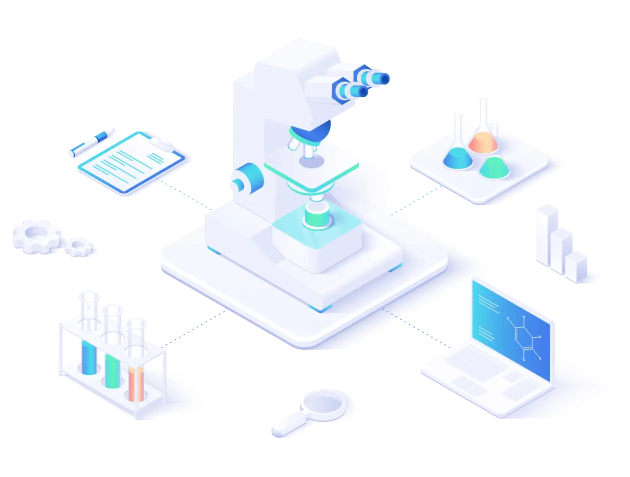 isometric illustration of a laboratory microscope with test tubes, laptop and charts representing blockchain research